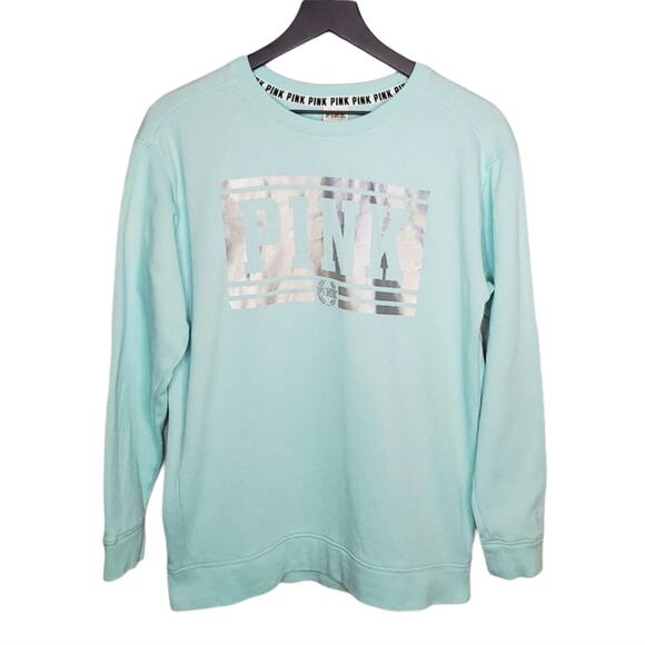 VS PINK Baby Blue Campus Crew Holographic Logo XS - Picture 1 of 11